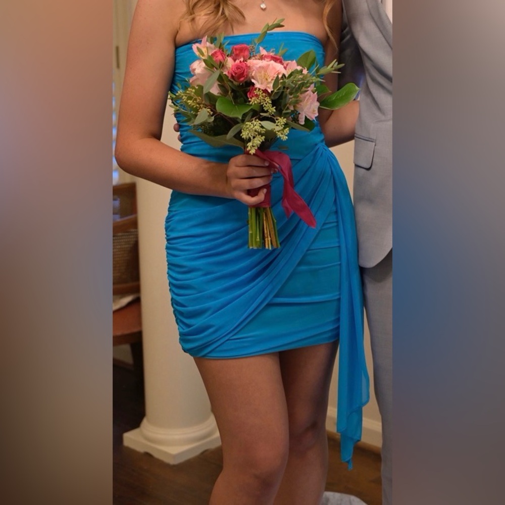 Amanda Uprichard X REVOLVE Anja Mini RUCHED Dress Tropical Turquoise $246 SM